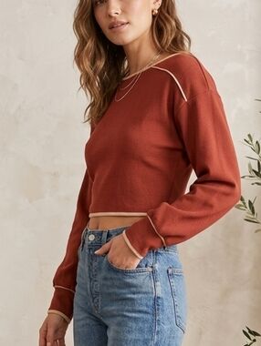 Maeve Anthropologie Rust Ribbed Knit Cropped Top Keyhole Back - Size 0